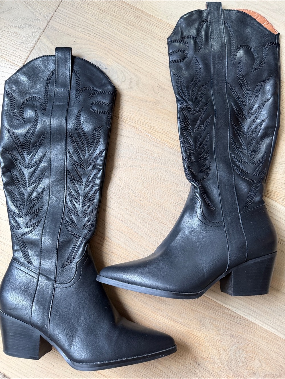 Black Embroidered Leather Western Knee-High Boots